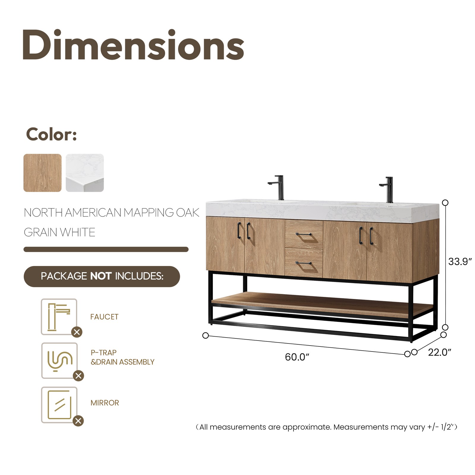 Vinnova Alistair 60″ White Stone Top Oak Double Vanity Black Frame w/o Mirror
