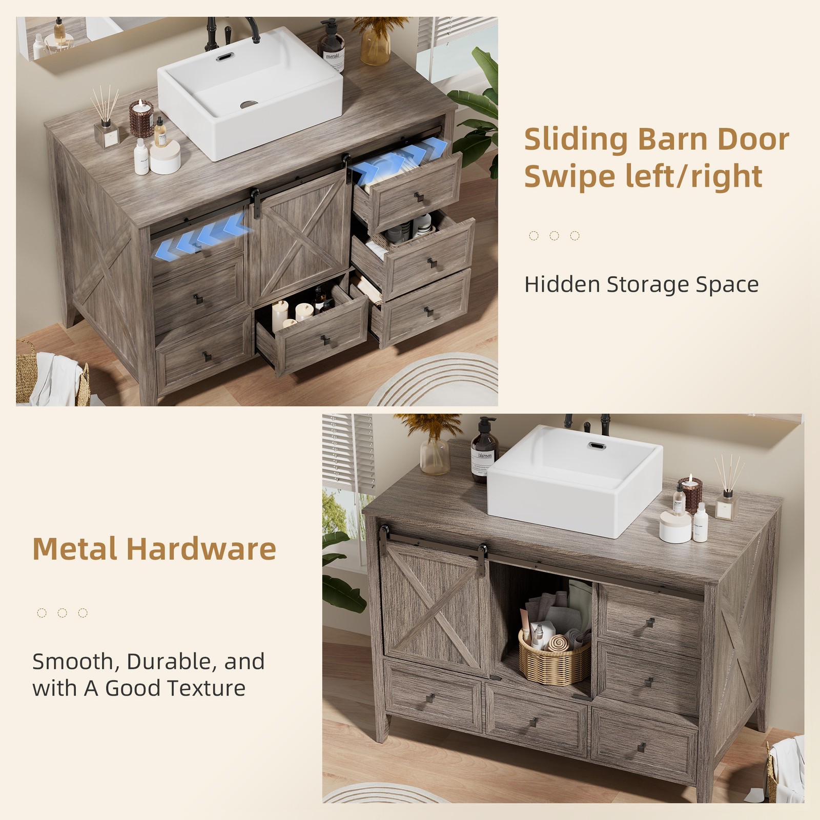 48″ Bathroom Vanity Bathroom Storage Cabinet with Ceramic Sink Farmhouse Wood