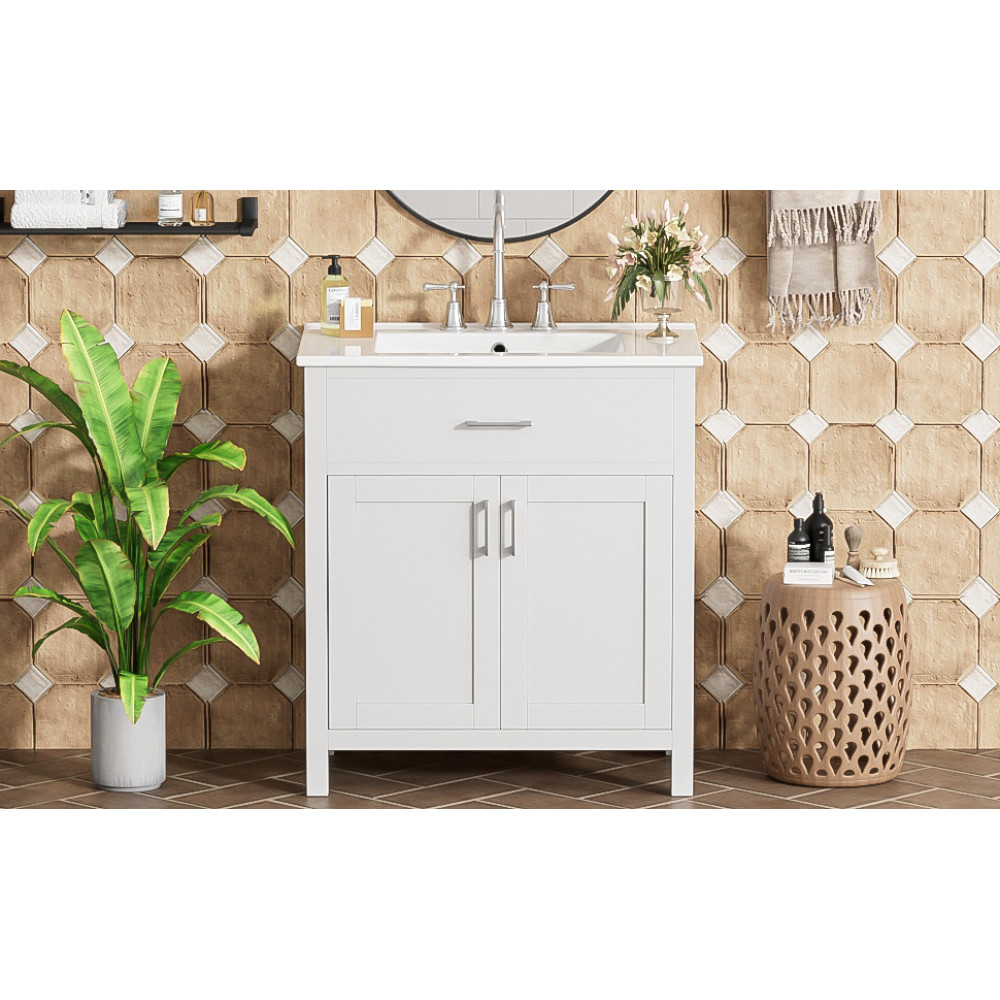 30″ Bathroom Vanity Ceramic Sink Soft Close 2 Door Drawer Silver Storage Cabinet