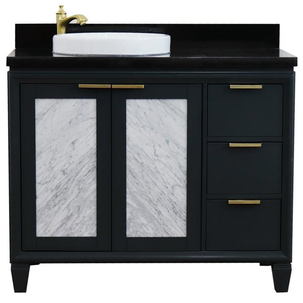 Pemberly Row 43″ Solid Wood Vanity with Left Round Sink in Gray/Black Galaxy
