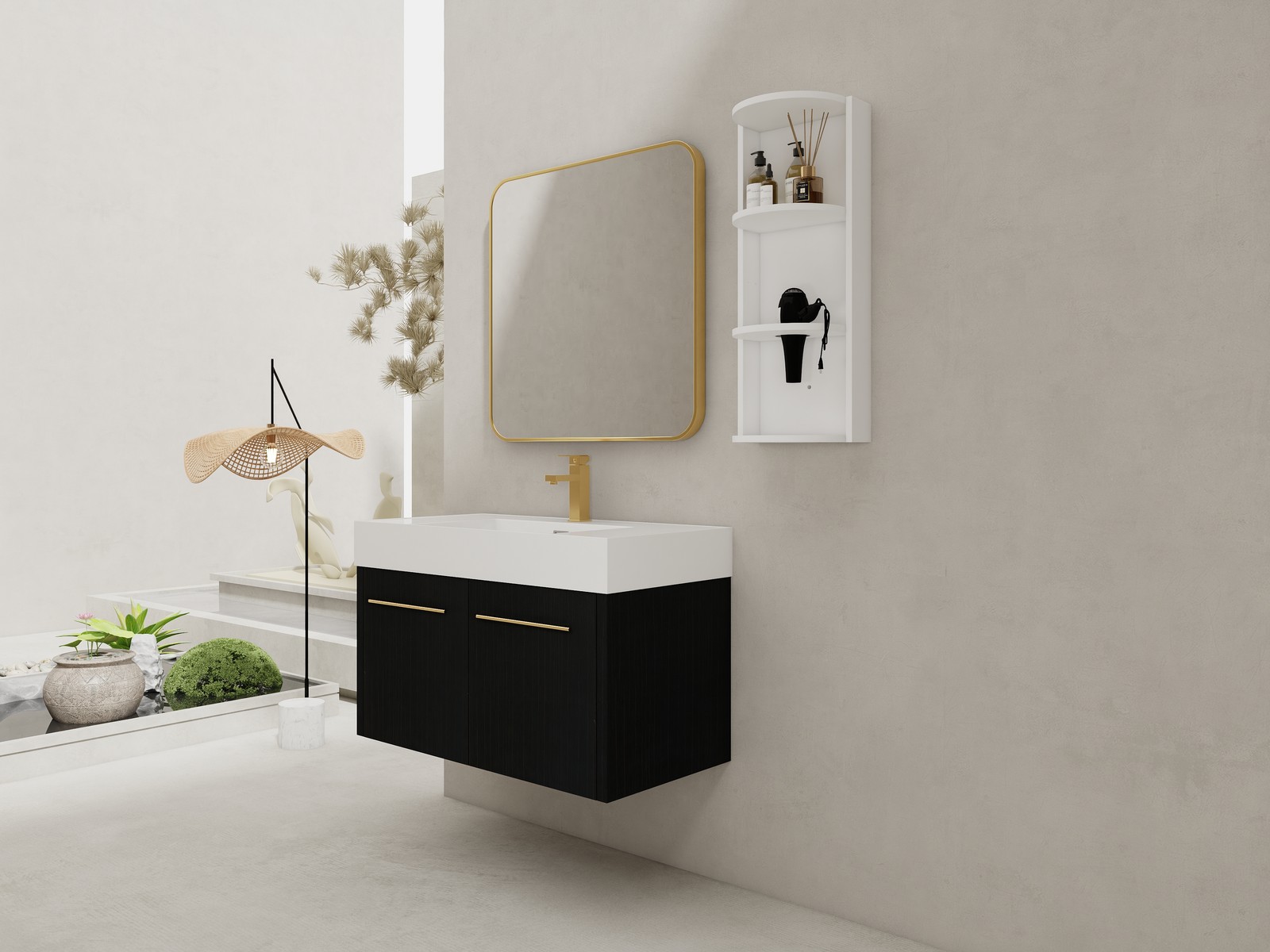 36 Inch Plywood Wall-Mounted Bathroom Vanity with Resin Sink + Side Storage Rack