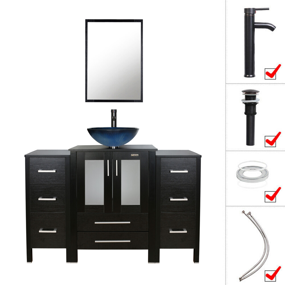 48″ Black Bathroom Vanity Set 2 Side Cabinet Vessel Glass/Ceramic Sink No Mirror