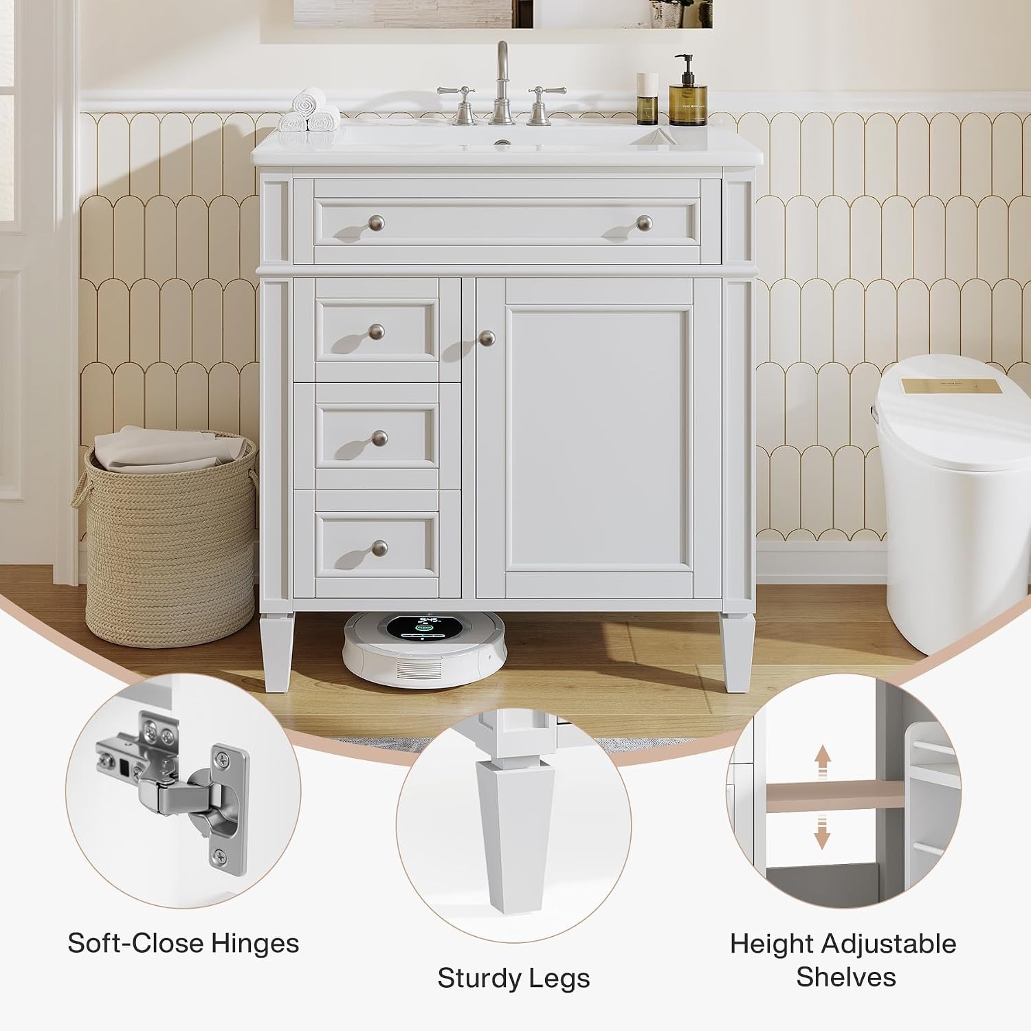30″ Bathroom Vanity w/Ceramic Sink, 3 Drawers, Freestanding Bath Vanity Cabinet