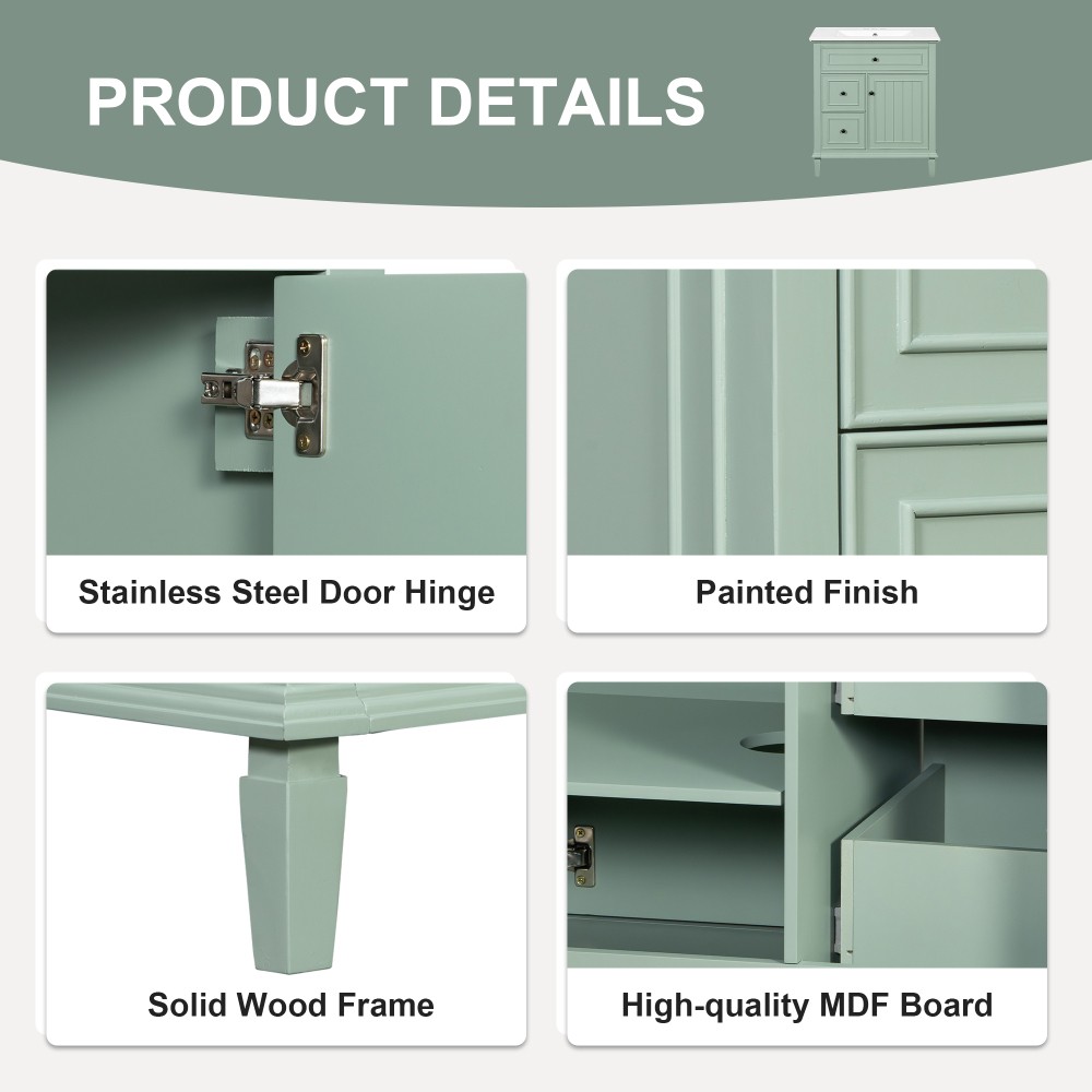 30″ Green Bathroom Vanity with Ceramic Sink Solid Wood MDF Cabinet