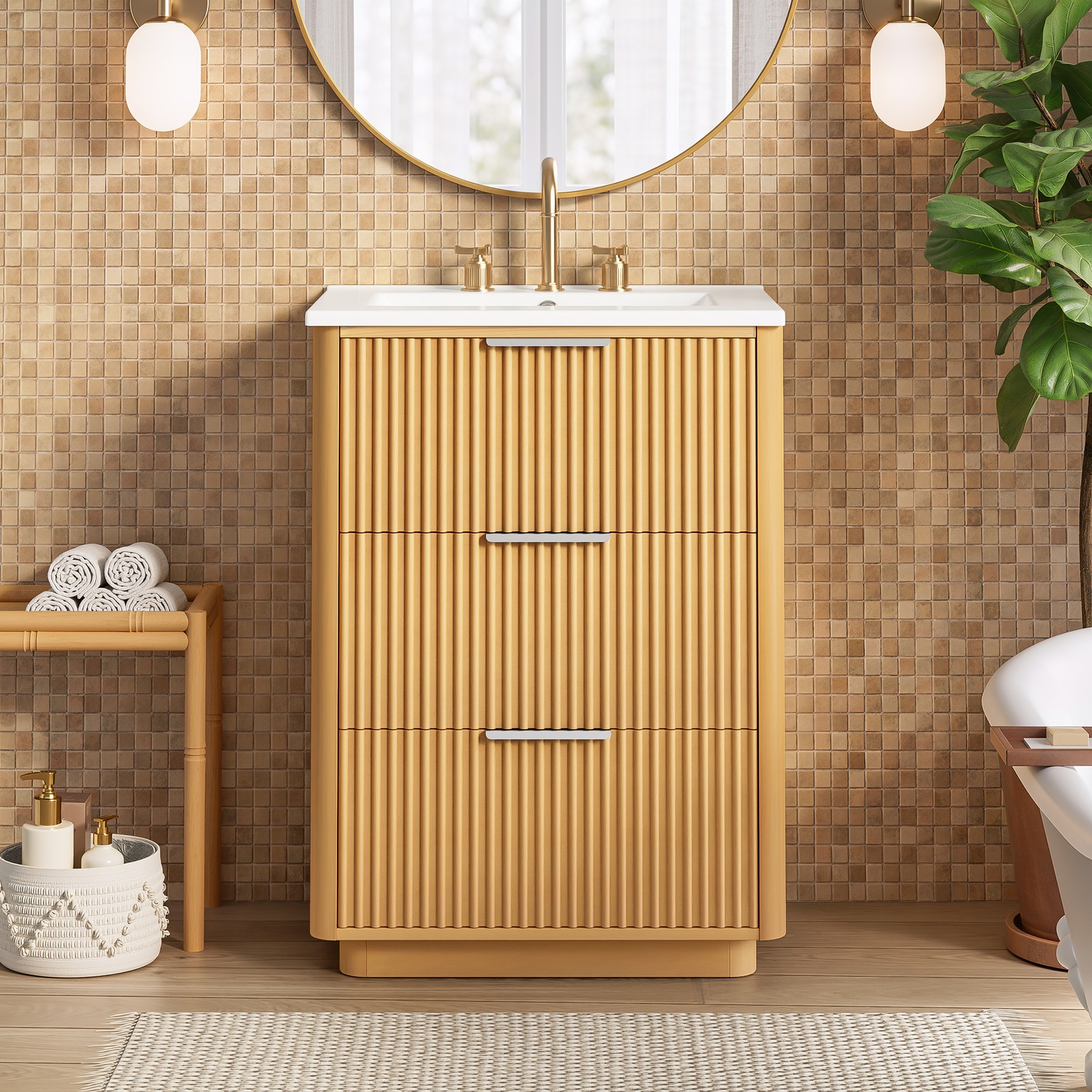 24 Inch Modern Bathroom Vanity with Ceramic Sink, Natural Wood