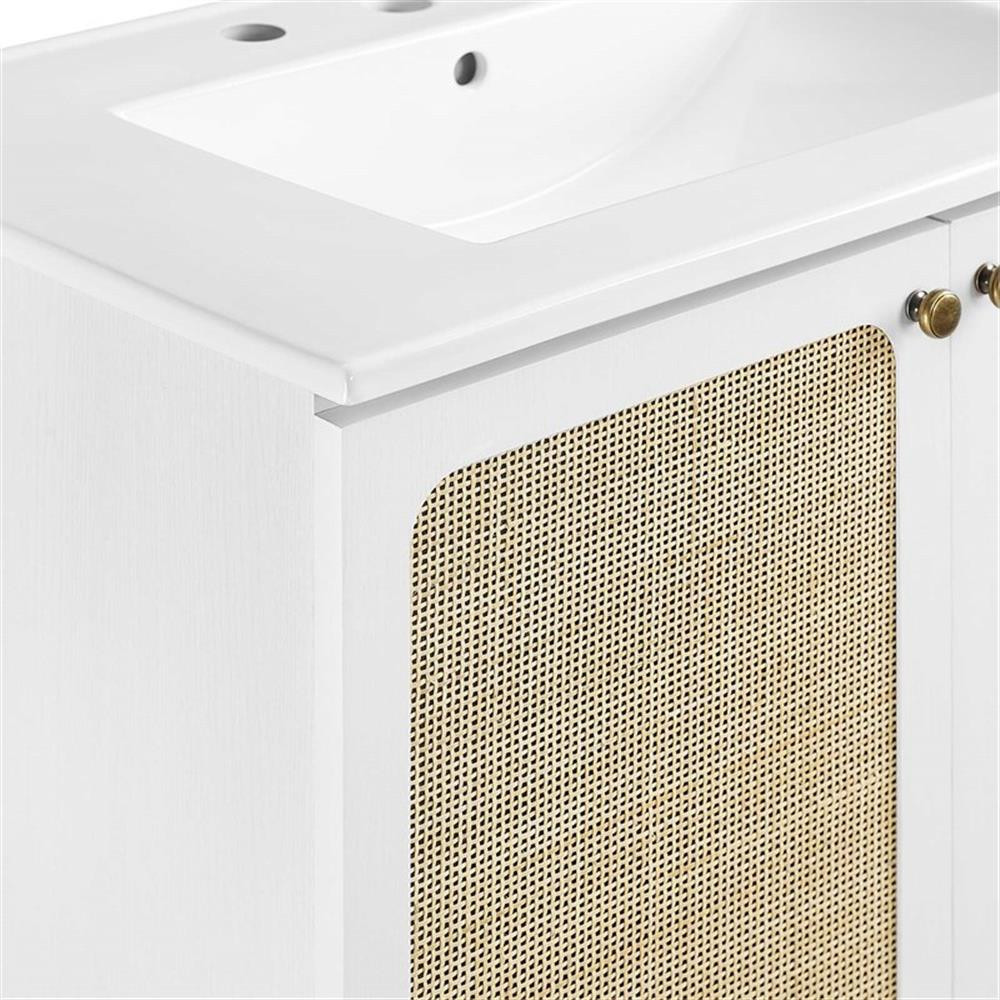 Modway Chaucer 30″ Wood & Rattan Bathroom Vanity with Adjustable Shelf in White