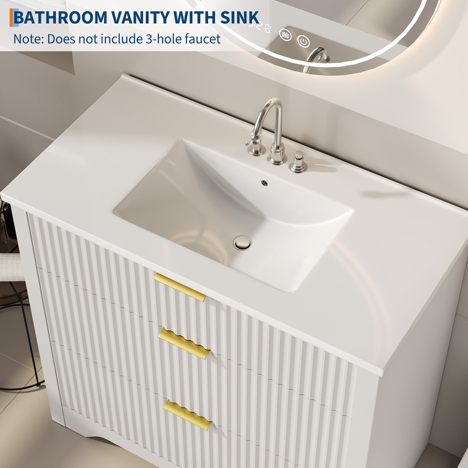 36” Fluted Bathroom Vanity Modern Freestanding Cabinet with Sink & 3 Drawers