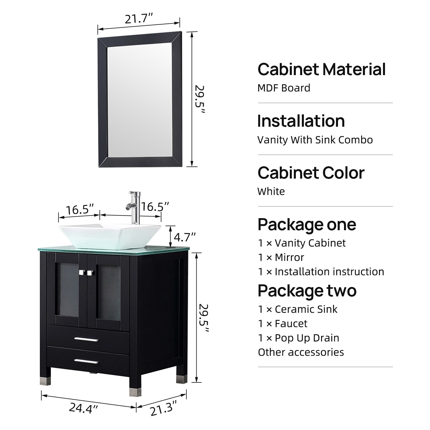 24” Single Black Bathroom Vanity Cabinet Ceramic Vessel Sink w/ Faucet Mirror