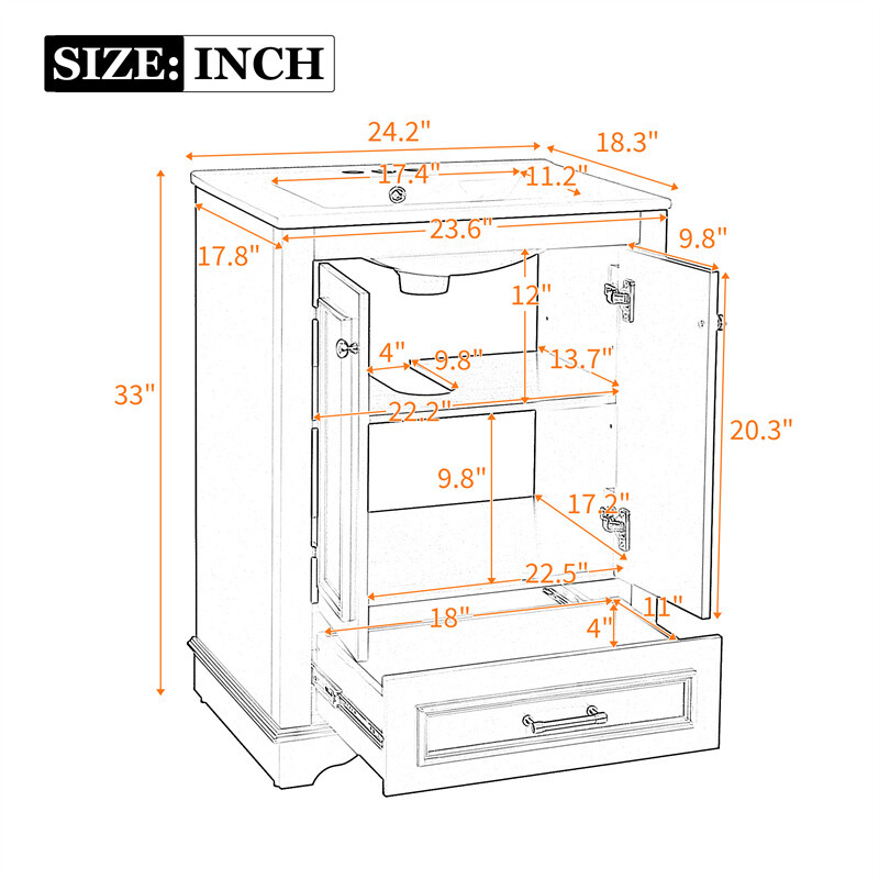 24” Bathroom Vanity with Ceramic Sink Combo Green Cabinet w/Doors & Drawers