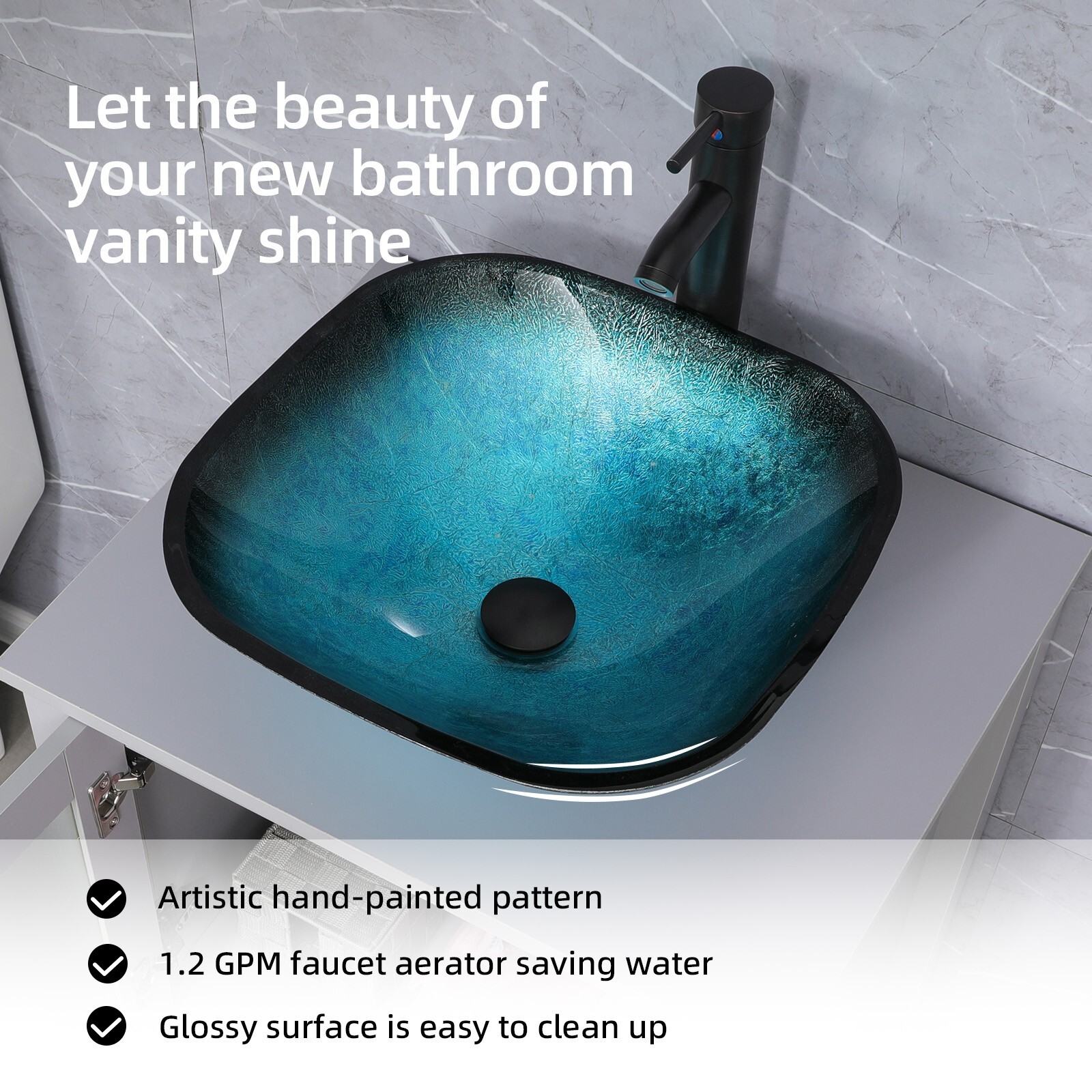 24″ Gray Bathroom Vanity Set Tempered Glass Vessel Sink Faucet Combo No Mirror