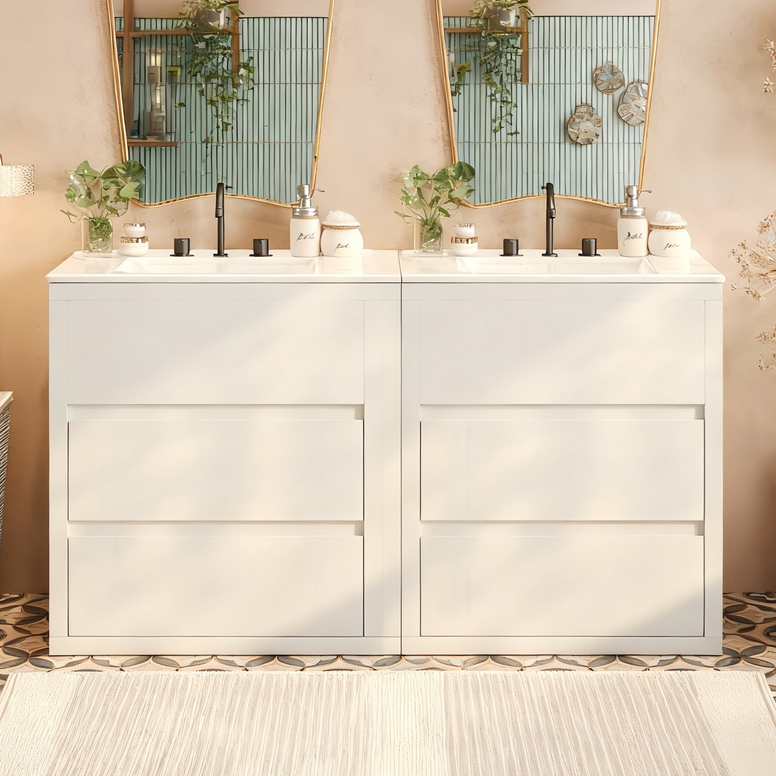 60″ Double Sink Bathroom Vanity Set,Bathroom Cabinet w/2 Separate Ceramic Sinks
