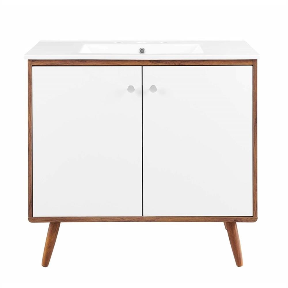 Pemberly Row 36″ Modern Wood and Ceramic Bathroom Vanity in Walnut/White