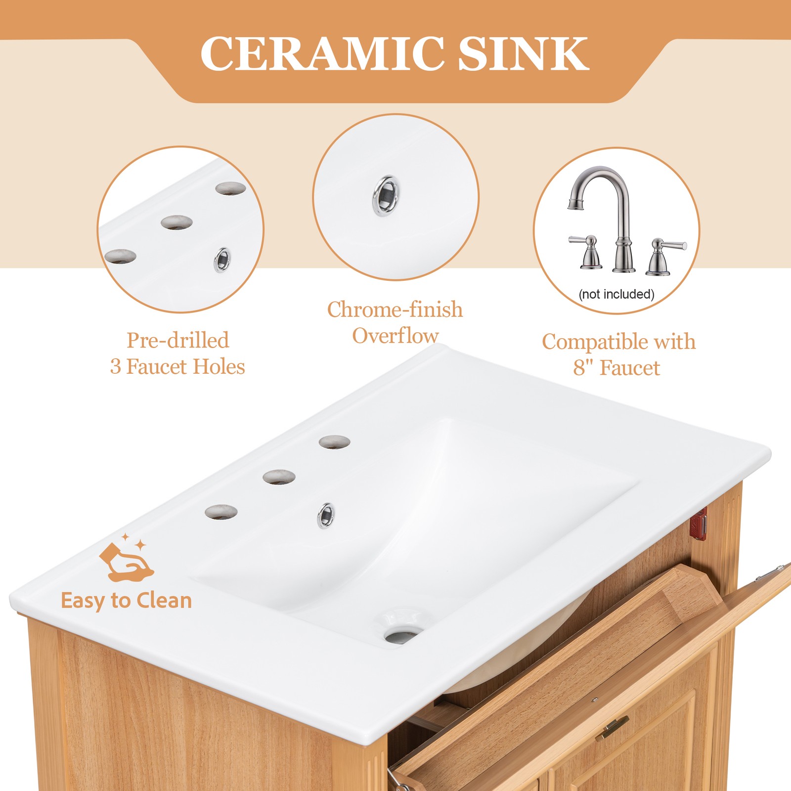 30″ Bathroom Vanity with Sink, Cabinet, Drawers, Solid Wood & MDF