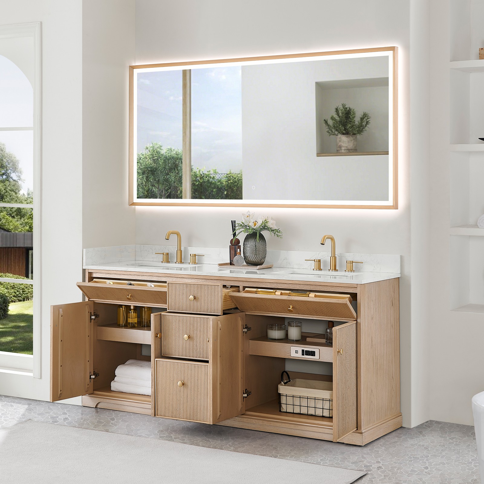 Barnett 72″ Wood Vanity in Natural Oak with White Engineered Stone Top No Mirror