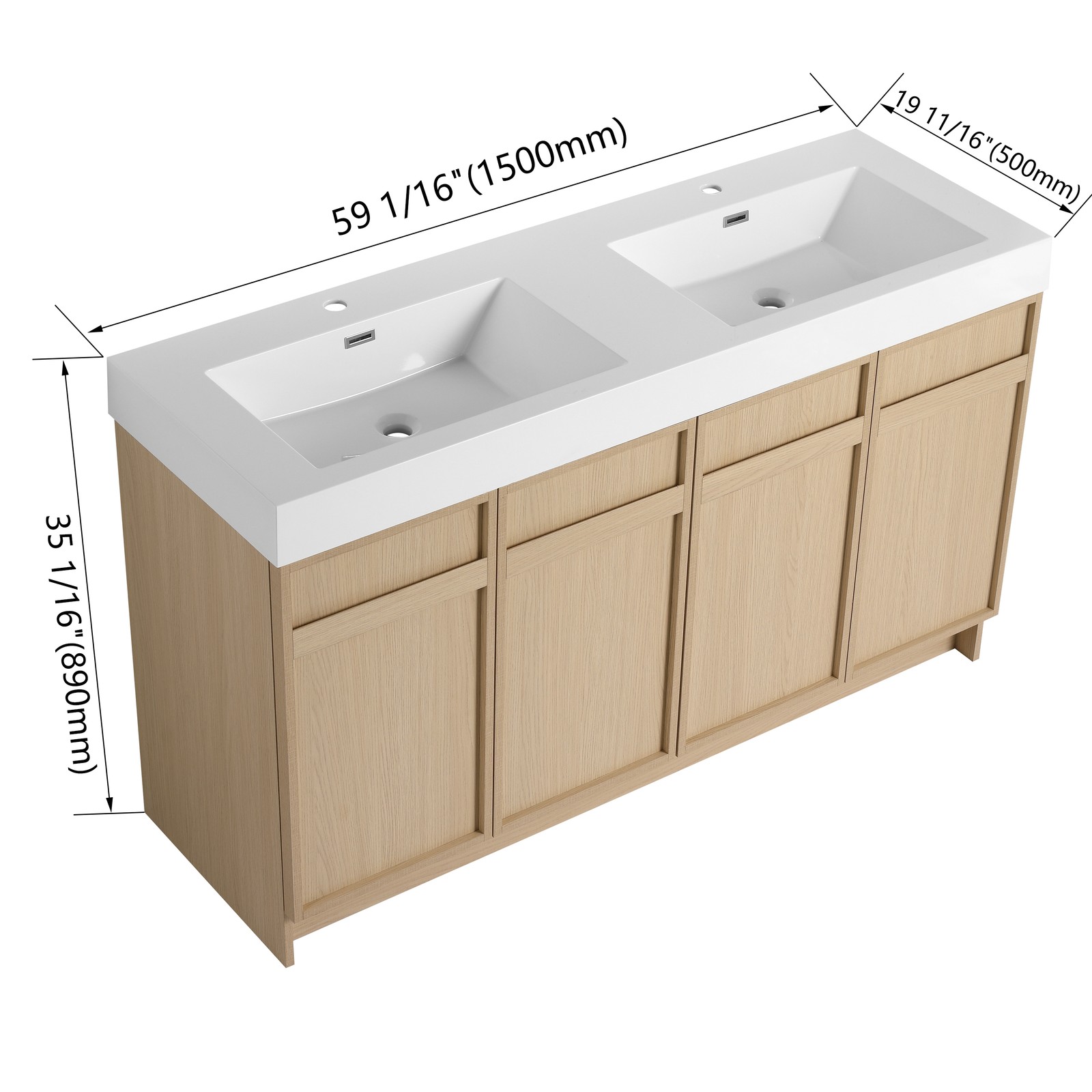 60in Plywood Double Sink Bathroom Vanity Cabinet W/ 4 Doors White Resin Sink