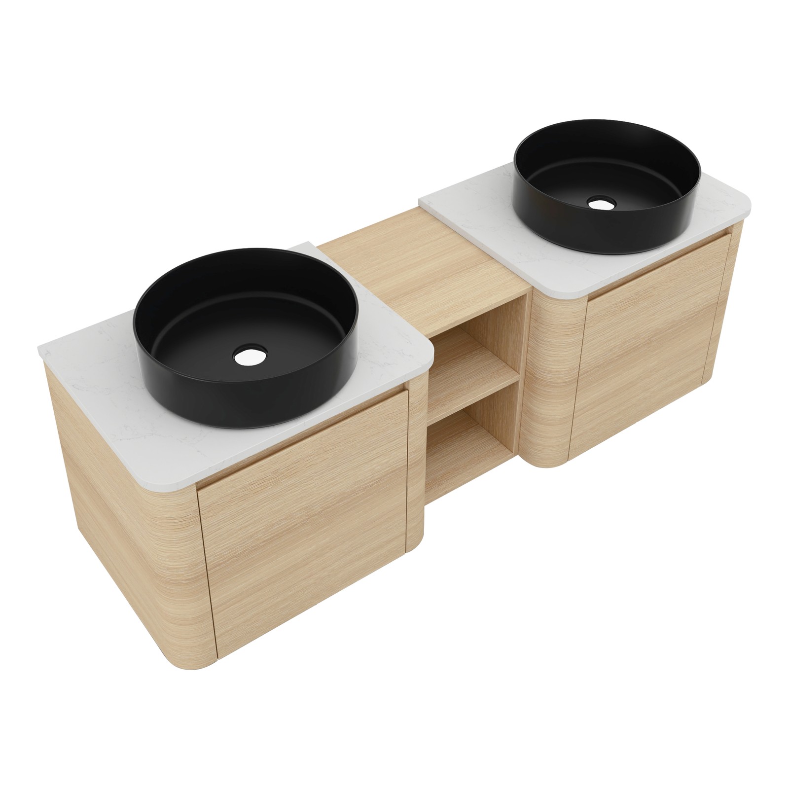 60 in Floating Bathroom Vanity Cabinet 2x Black Ceramic Sink Basin +Open Shelves
