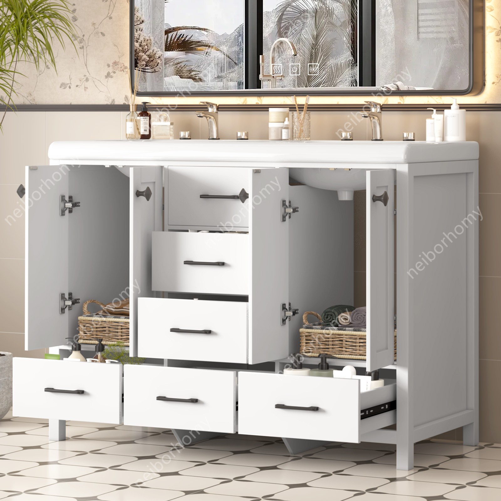 Freestanding Vanity Storage Cabinet 6 Drawers 2 Doors 47″ Bathroom Vanity w/Sink