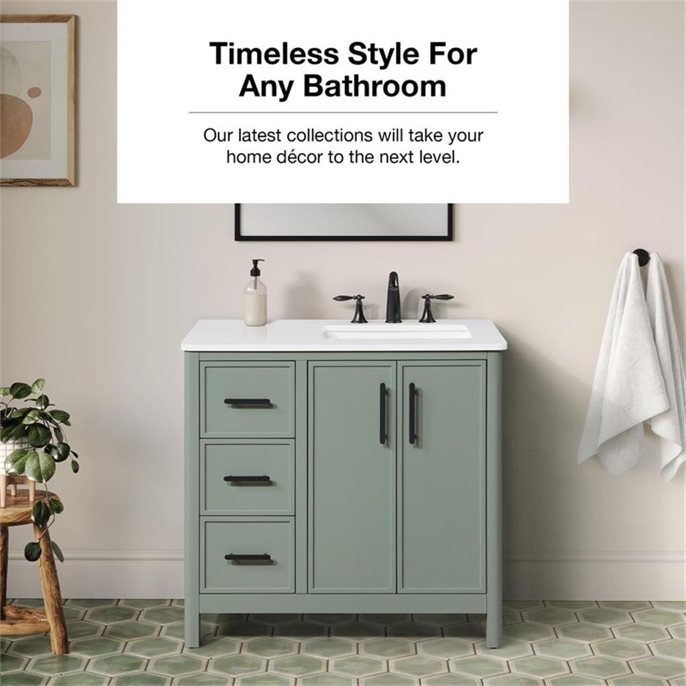 Pemberly Row 36″ Bathroom Vanity in Sage Green with White Countertop