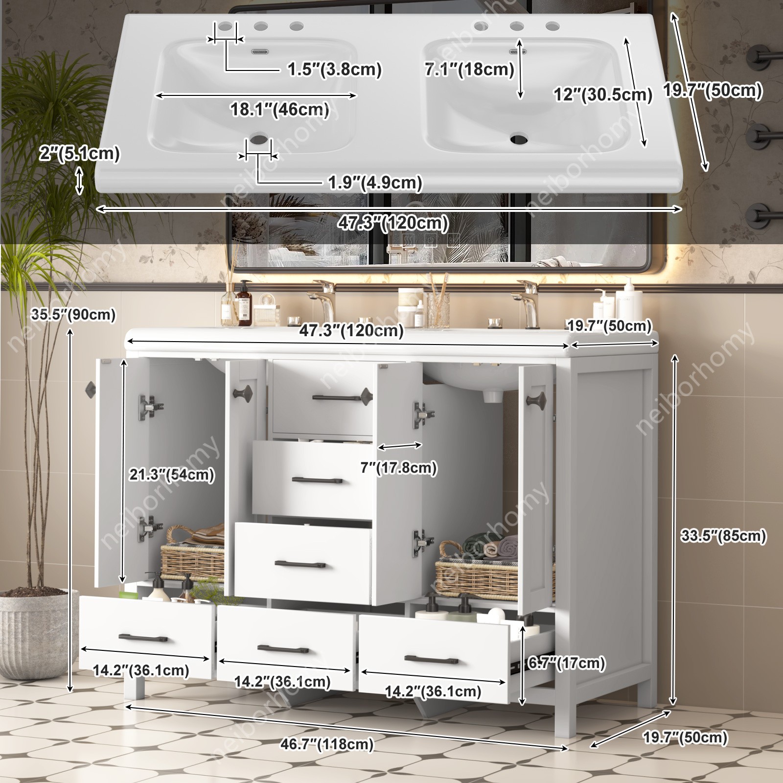 Freestanding Vanity Storage Cabinet 6 Drawers 2 Doors 47″ Bathroom Vanity w/Sink