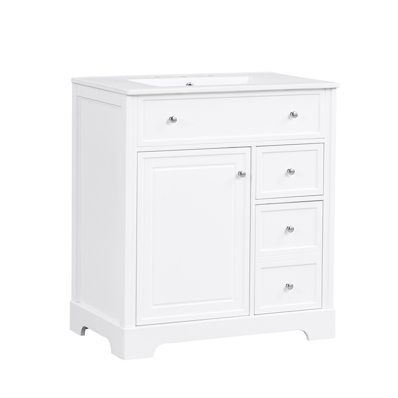 30″ White Bathroom Vanity with Ceramic Sink Set Storage Cabinet w/Door & Drawers