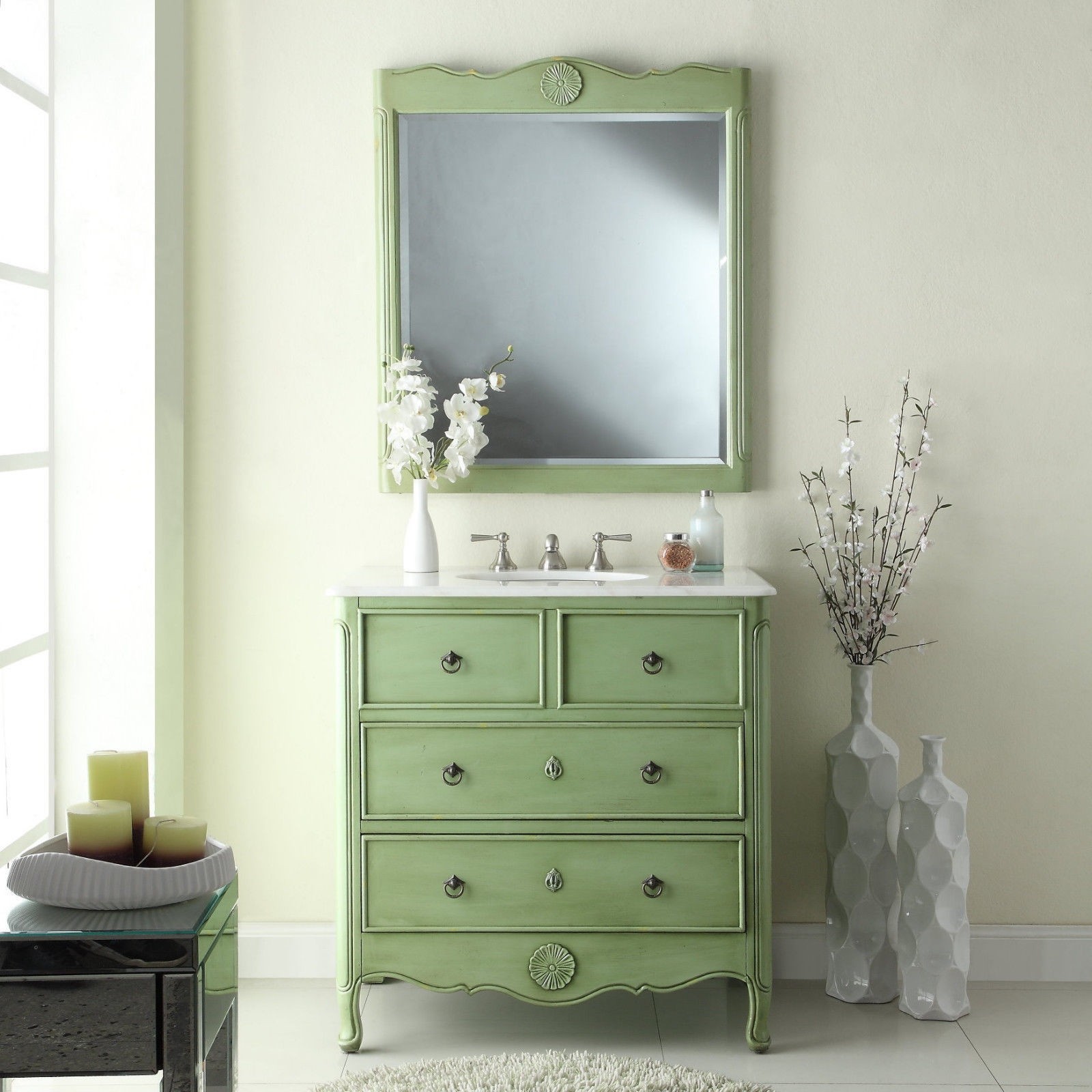 34 inch DALEVILLE COTTAGE GREEN BATHROOM VANITY WHITE MARBLE & MIRROR #HF081G