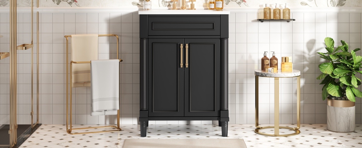 24″ Bathroom Vanity w/ Sink & 2 Doors, Black, 34.95″ H Solid Wood+MDF