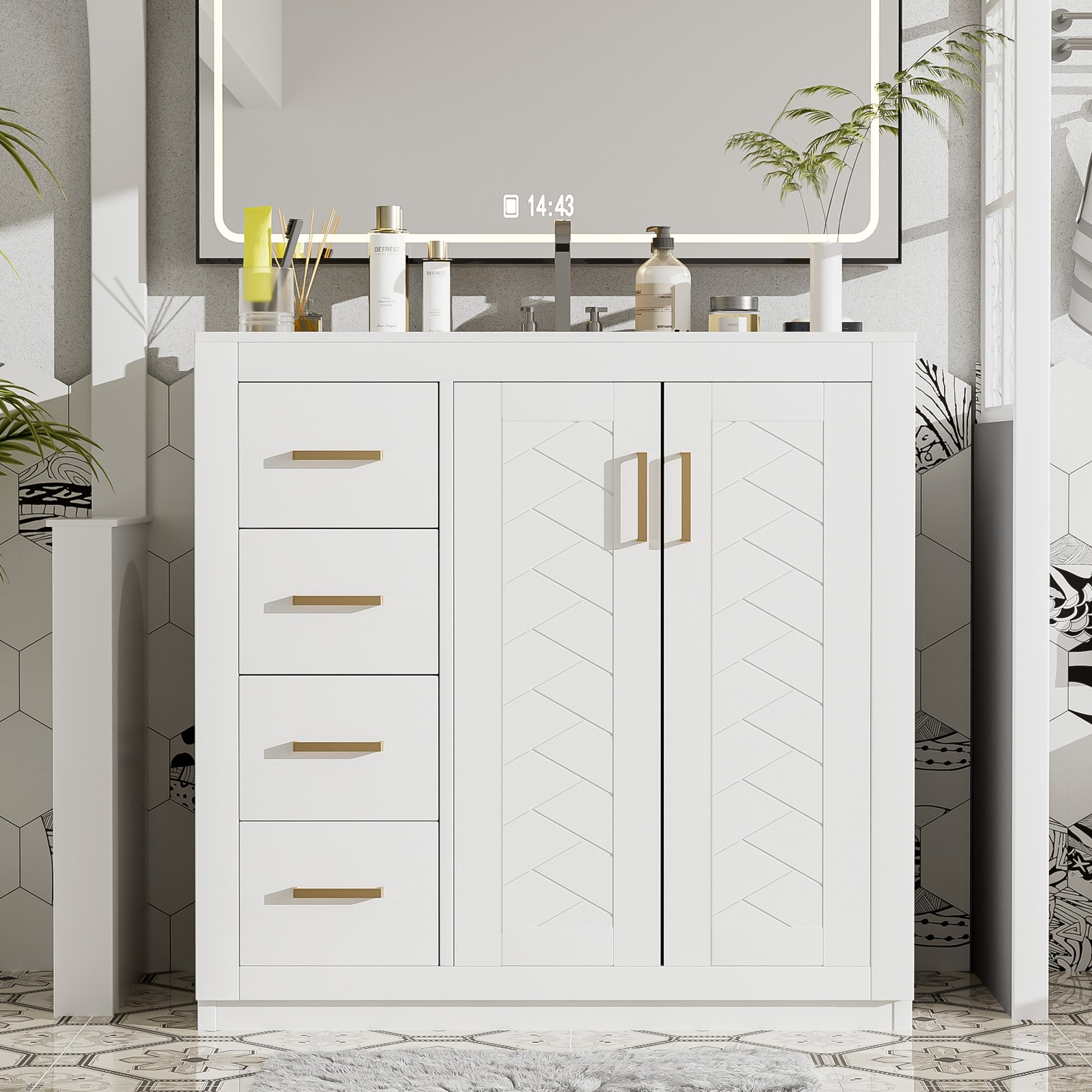 36″ Bathroom Vanity with Ceramic Sink, Solid Wood Frame, 3 Drawers & Doors