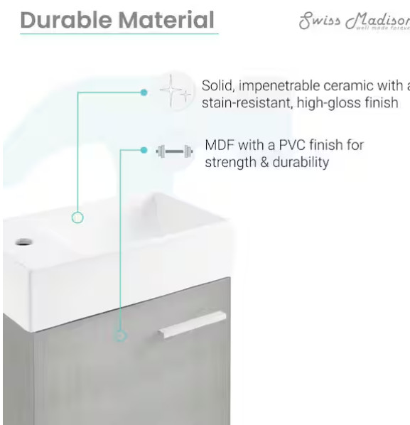 Swiss Madison Colmer 18″ Wall‑Mounted Vanity Base Only – Brushed Gray SM-BV613C