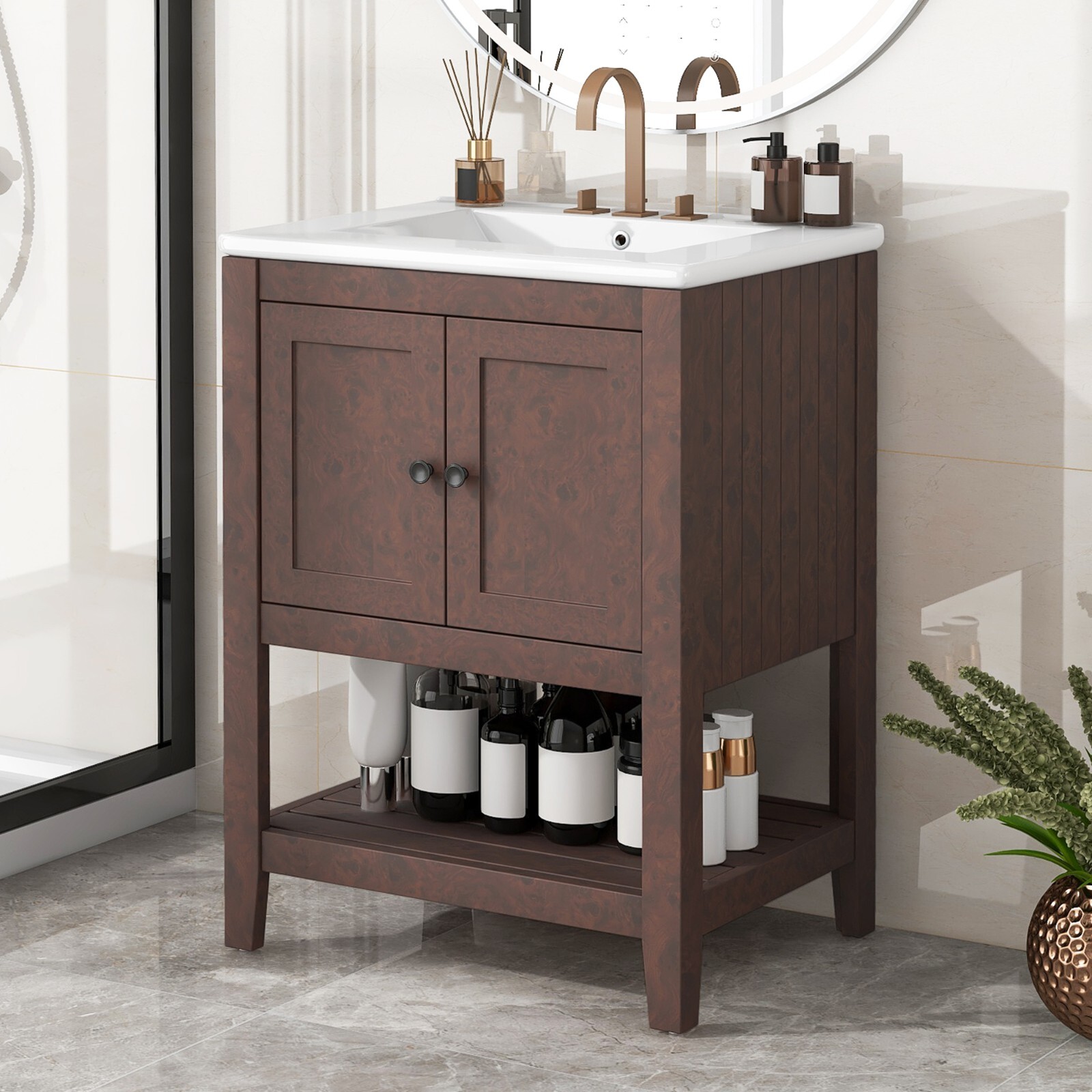 24″ Modern Bathroom Vanity – Solid Wood Frame, Semilune Ceramic Sink, Open Shelf