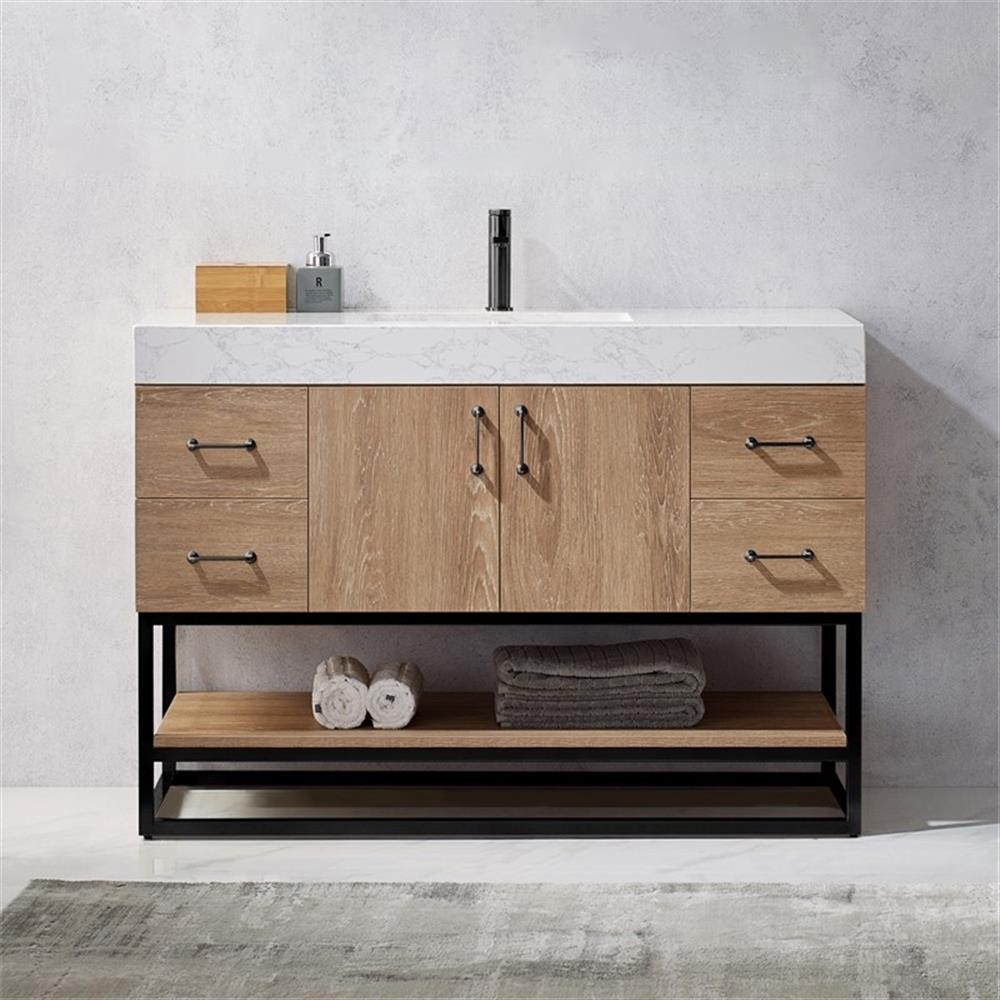 Pemberly Row 48″ White Stone Top Oak Single Vanity Black Frame w/o Mirror