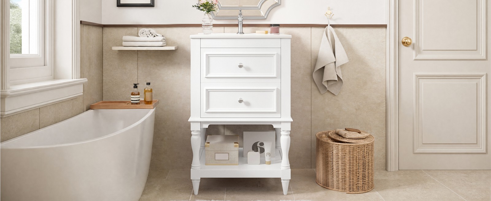 20″ Bathroom Vanity with Ceramic Sink, 2 Drawers & Open Shelf, Retro Design