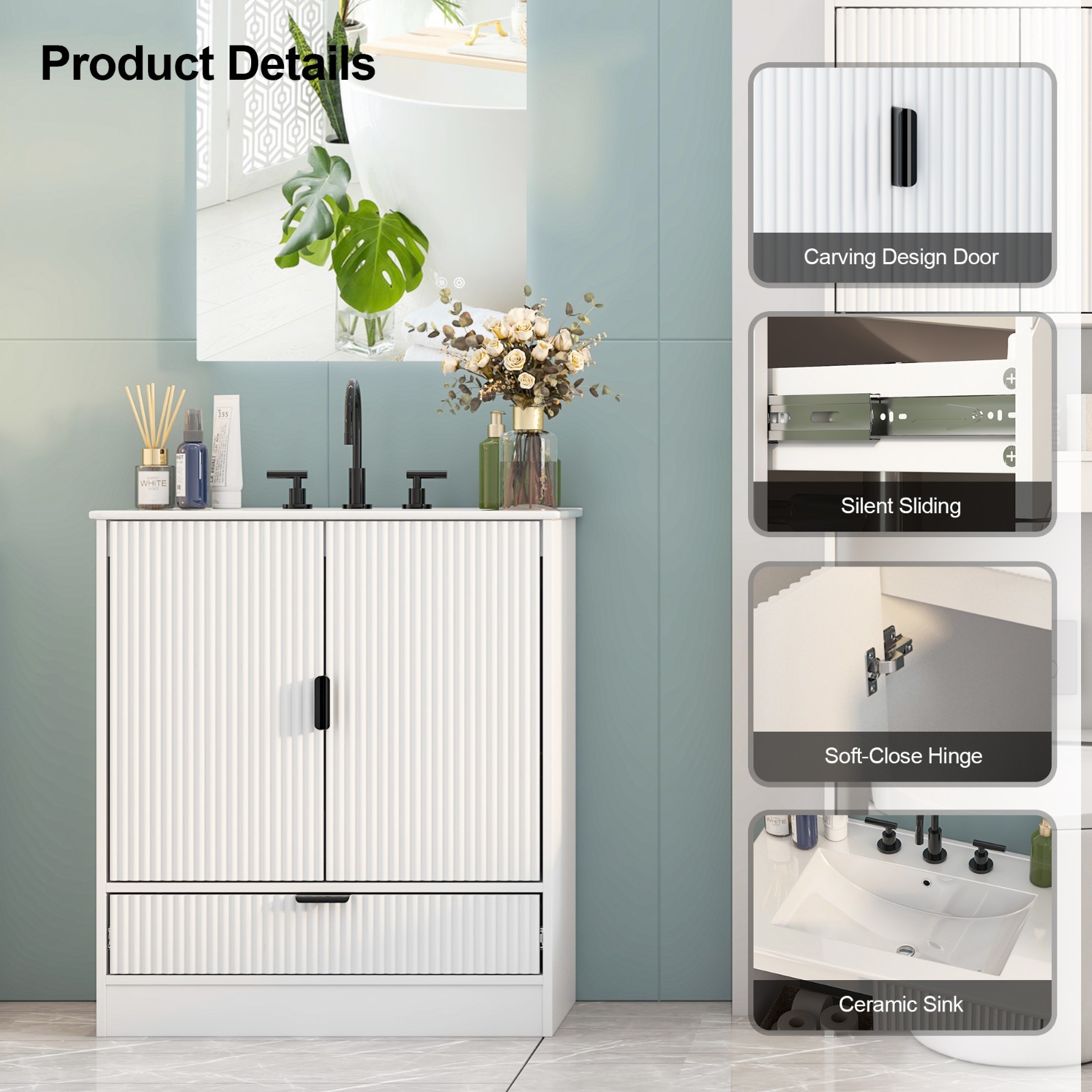Bathroom Vanity With Sink Freestanding White Cabinet Storage Ceramic Vessel Sink