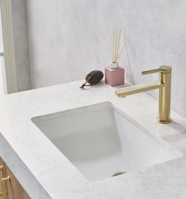 Single Vanity Stone Countertop North American Oak Wood Finish Metal Brown New
