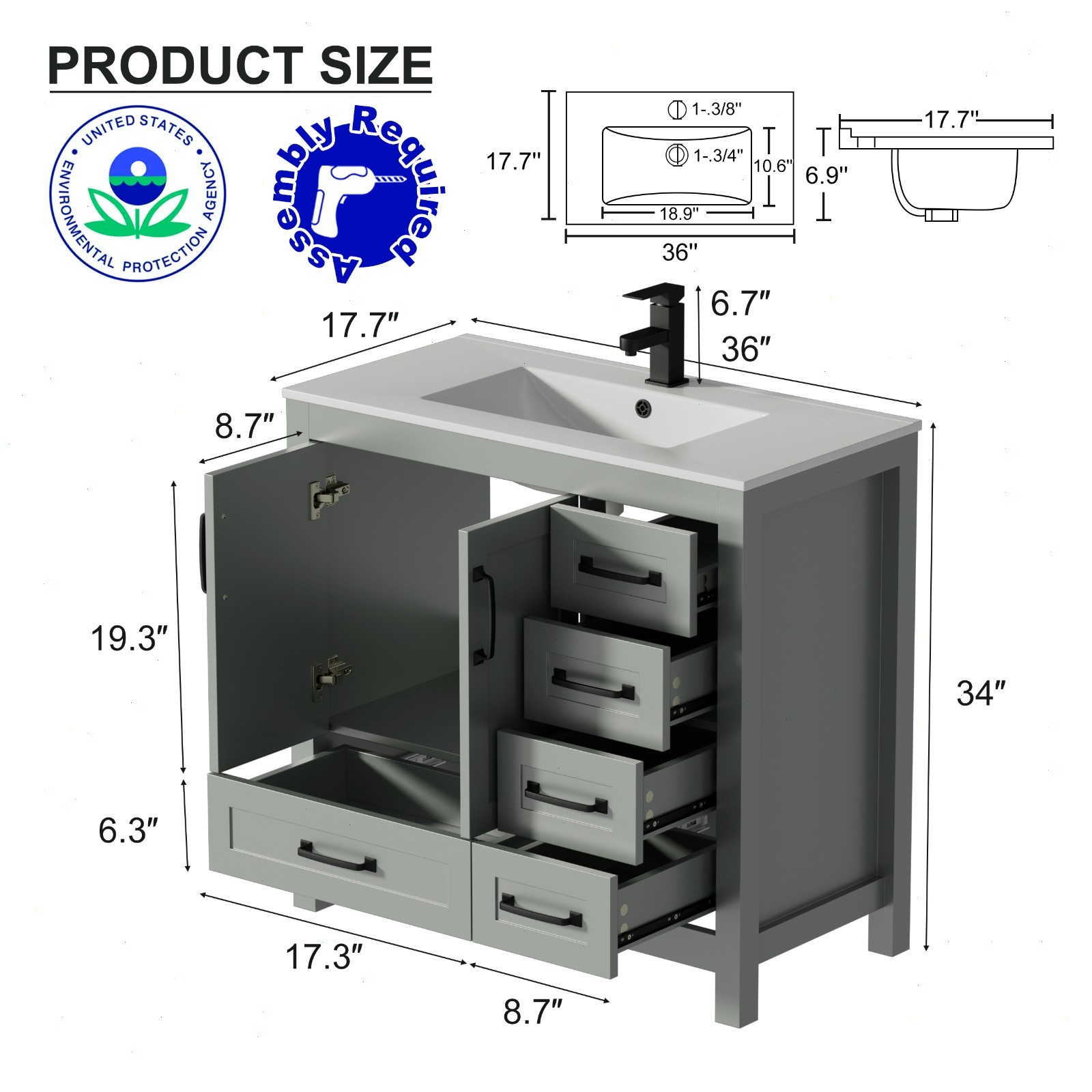 36” Bathroom Vanity Cabinet with Sink Combo Undermount Ceramic Sink with Faucet