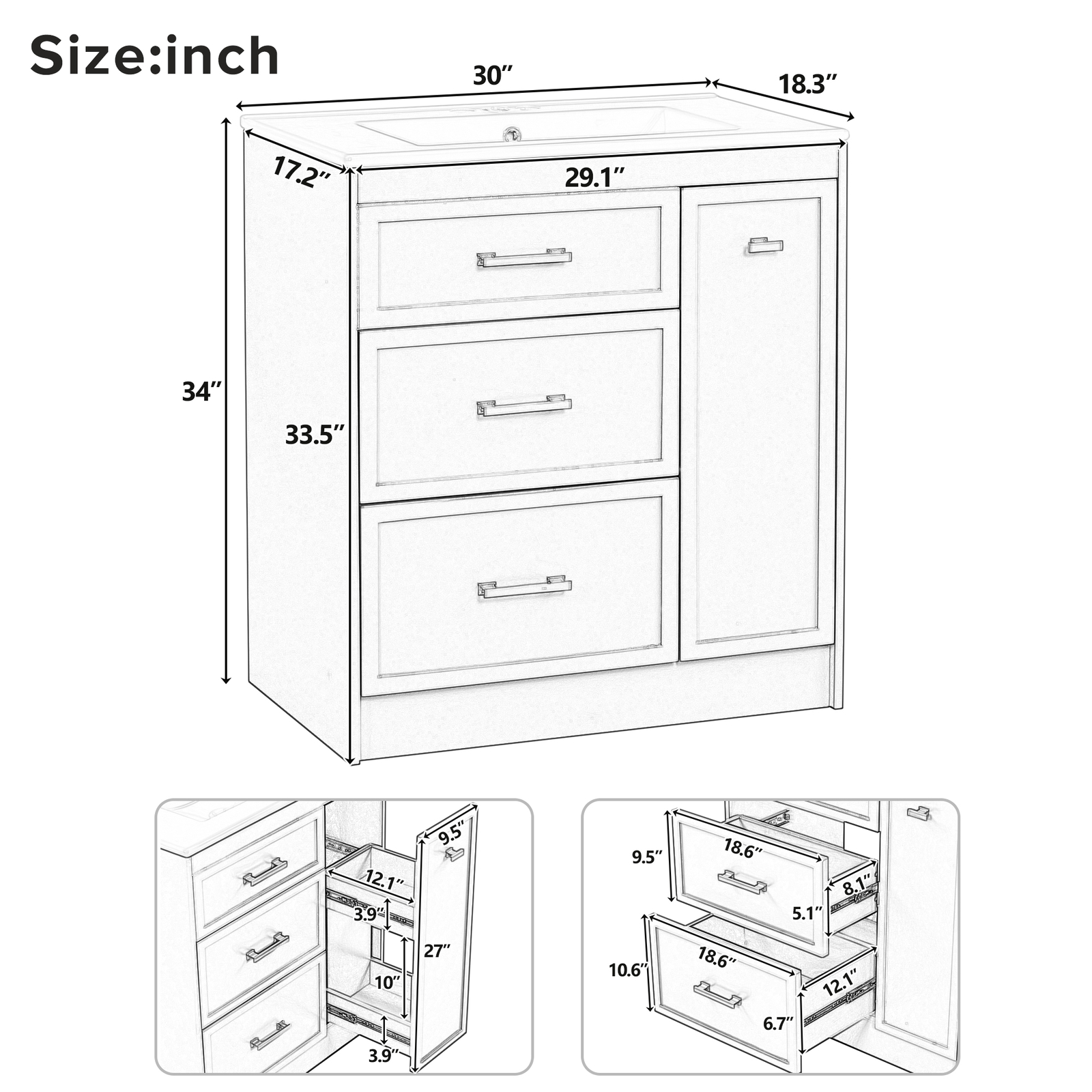 30″ Bathroom Vanity Set Floor Standing Bathroom Storage Cabinet w/Three Drawers