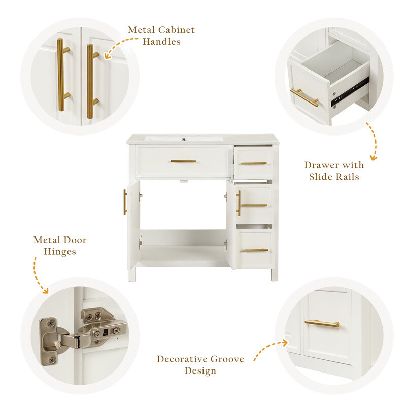 36″ White Bathroom Vanity w/Ceramic Sink Bathroom Cabinet w/2 Doors & 3 Drawers