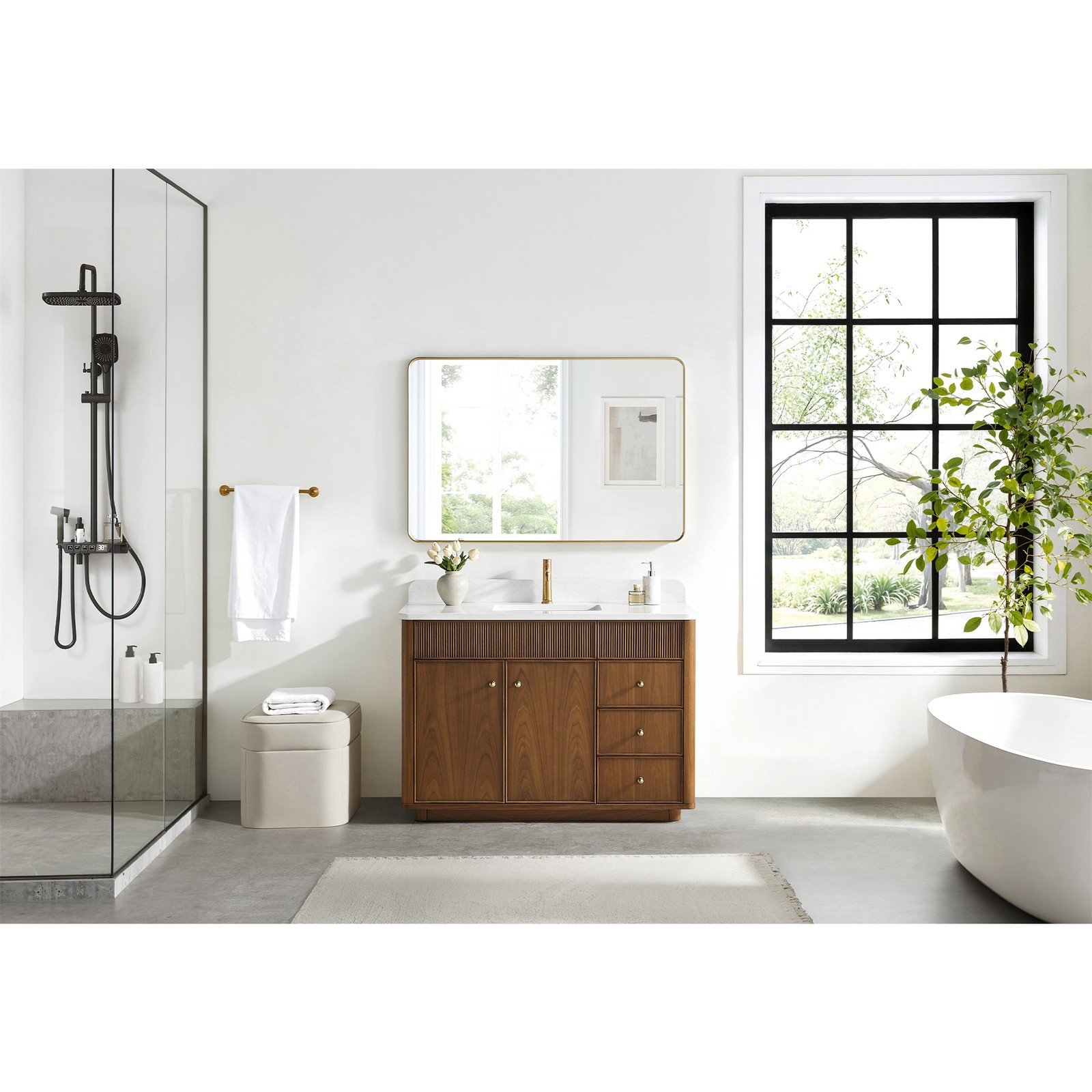 Zogno 48″ Single Sink Bath Vanity in Natural Walnut with White Grain Stone Top