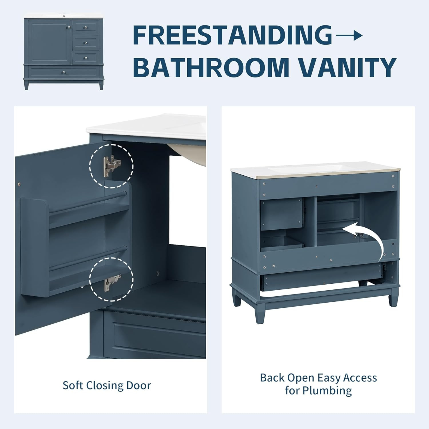 36″ Blue Gray Bathroom Vanity with Sink, Soft Close Doors & Storage Drawers