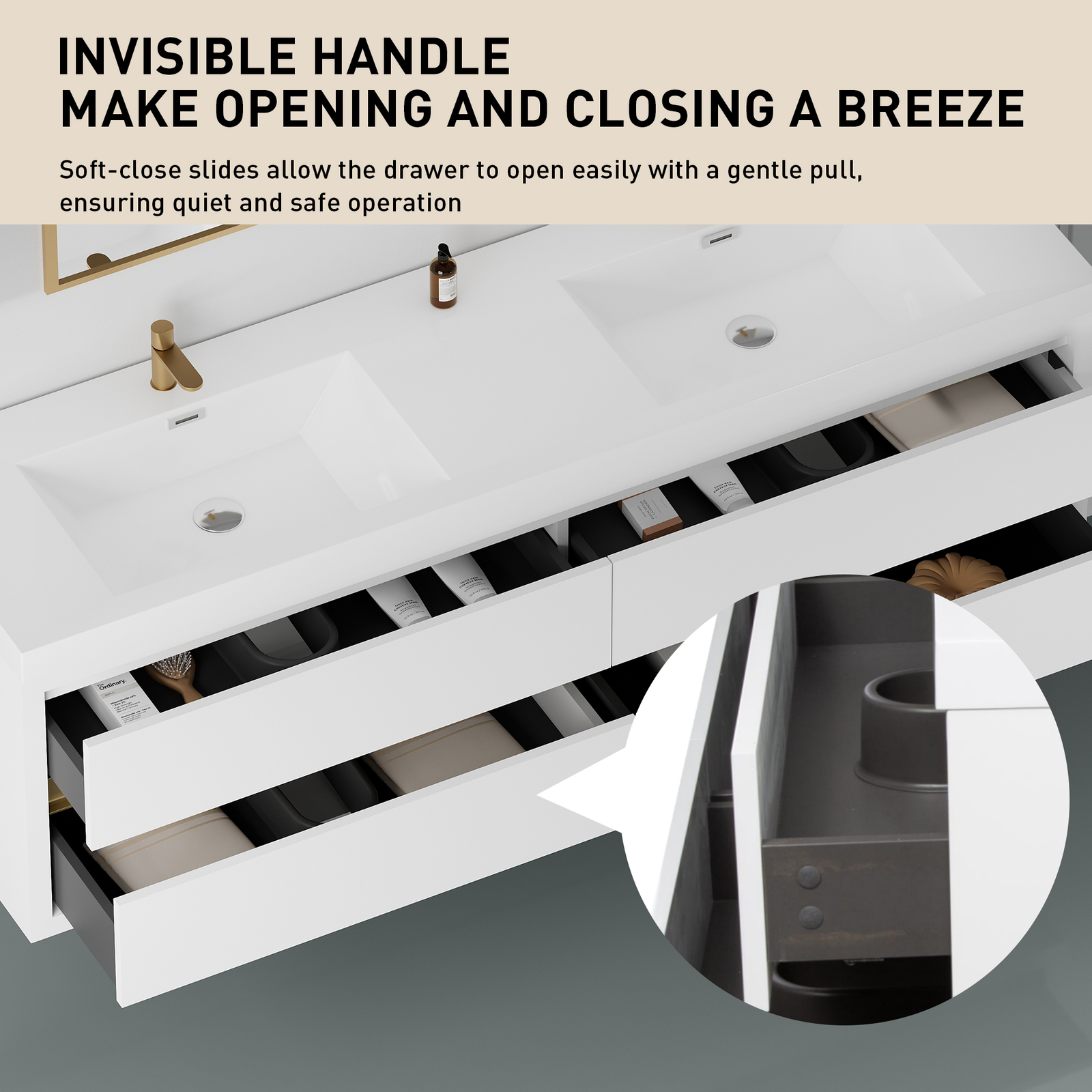 72″ Wall Mounted White Bathroom Vanity With Double Stone Resin Sink 4 Drawers