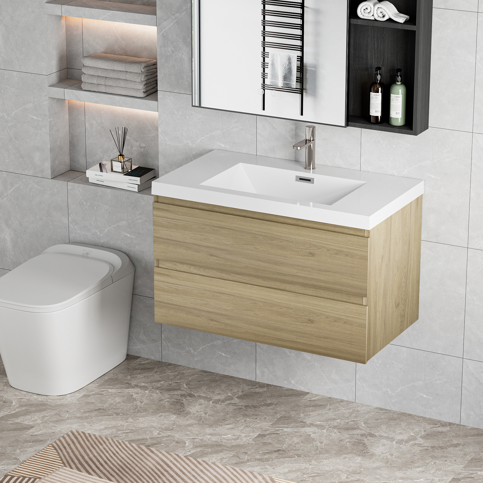 36″ Floating Wall-Mounted Bathroom Vanity with Resin Sink Top Basin 2Drawers Oak