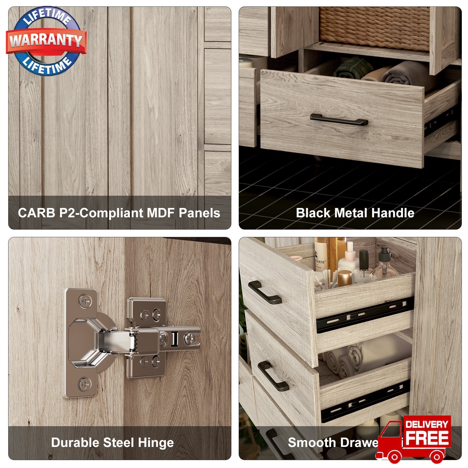 46.7″ Bathroom Vanity Double Sink Ceramic Freestanding Cabinet Wood Grain Modern