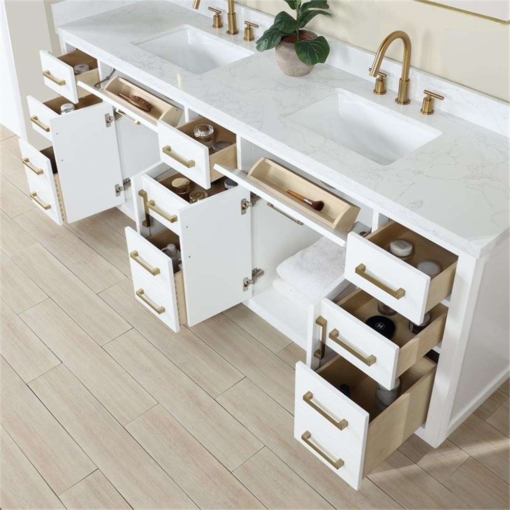 Gavino 84″ Wood Vanity in White with Composite Stone Top no Mirror