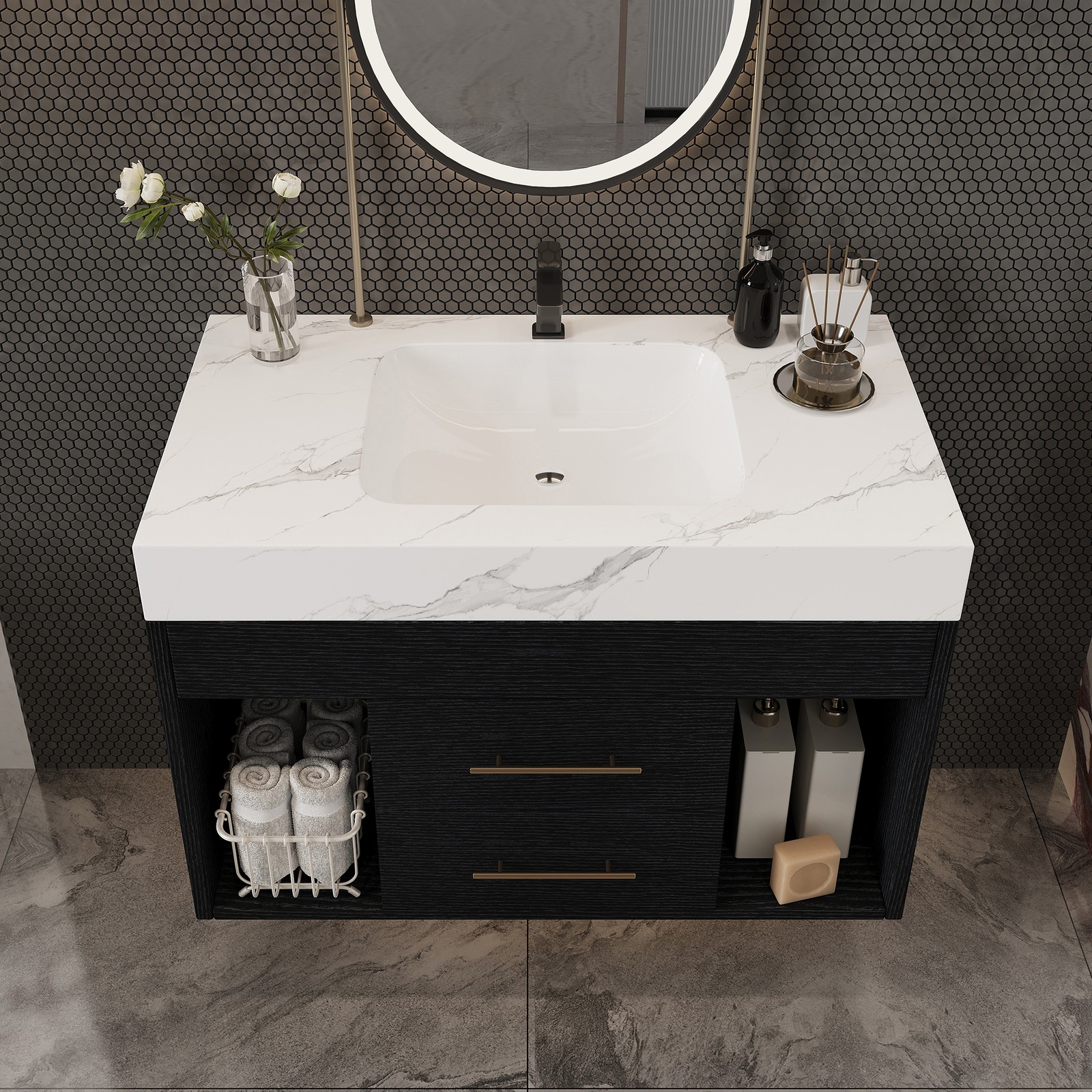 Modern Floating Bathroom Vanity Sintered Stone Top Ceramic Undermount Sink 29.9″