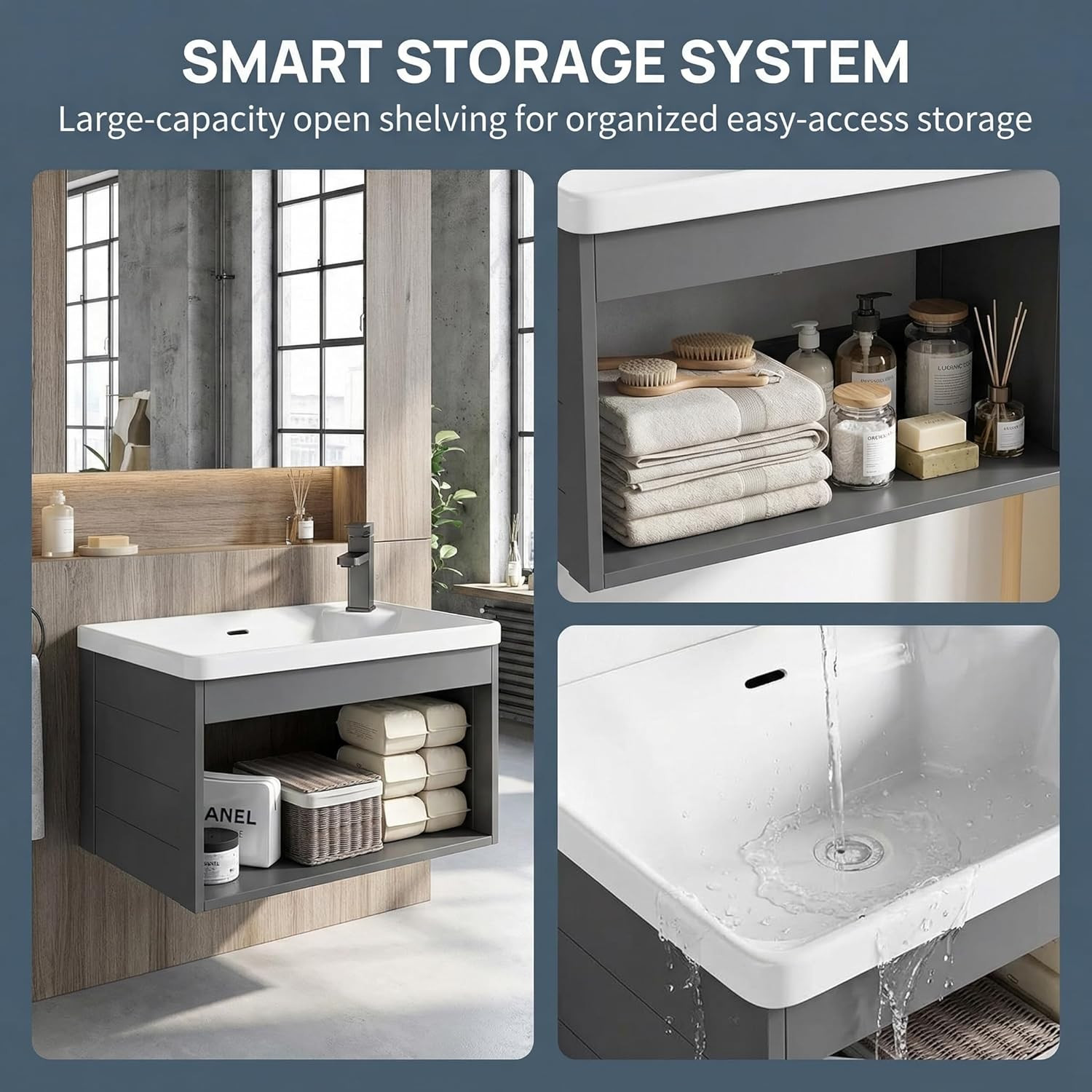 18-Inch Wall-Mounted Floating Gray Open Bathroom Vanity with Ceramic Basin Compa