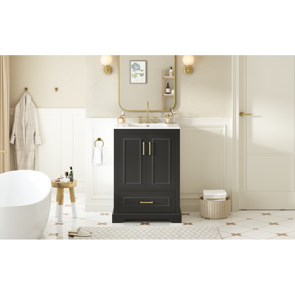 24″Bathroom Vanity with Sink, MDF Cabinet with Solid Wood Frame 1 Divided Drawer