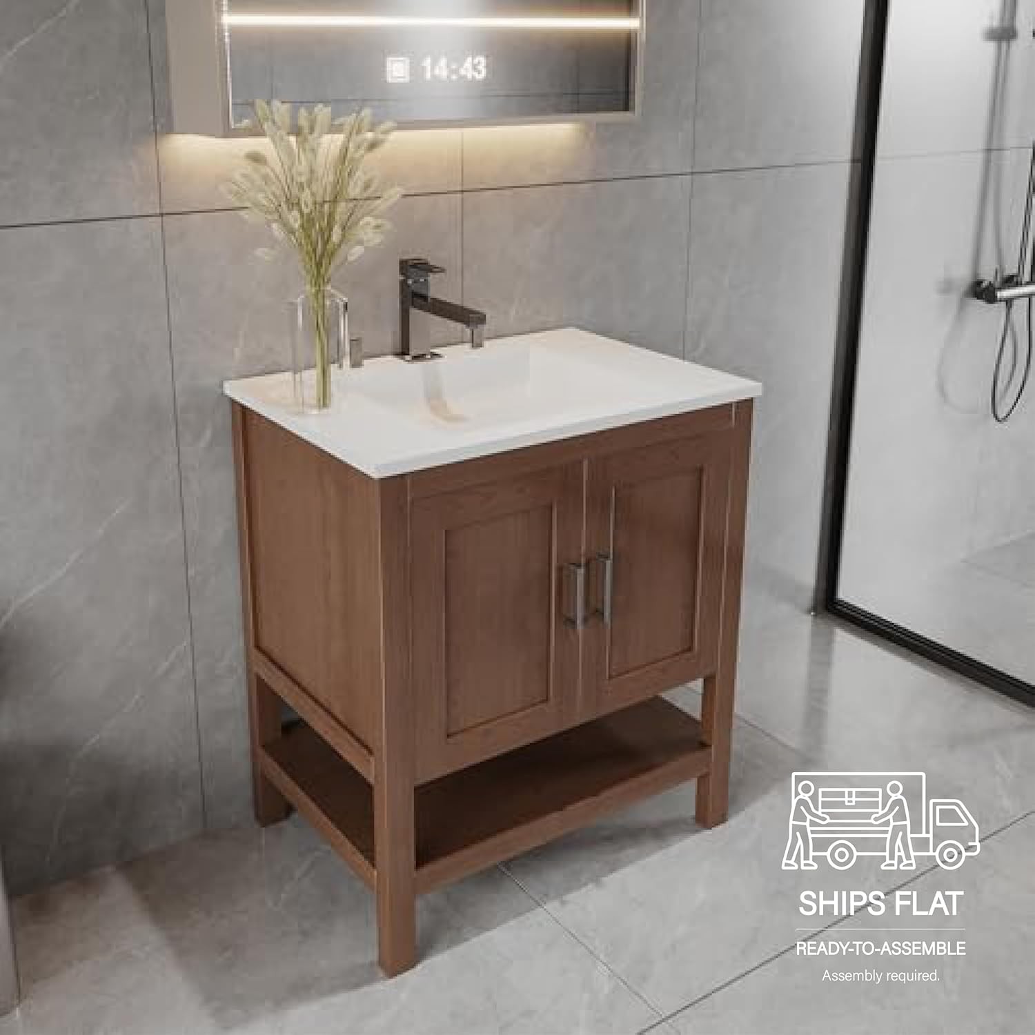 24″ Natural Wood Bathroom Vanity Base Only – Freestanding Solid Wood Sink