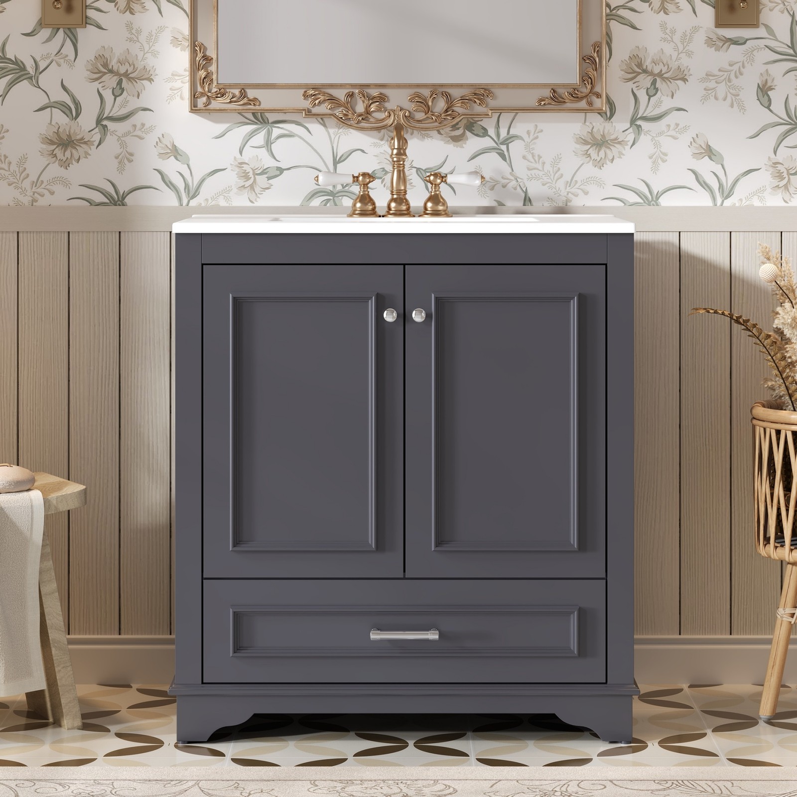 30.5″ Bathroom Vanity with Ceramic Sink, 2 Soft Close Doors, Solid Wood Frame