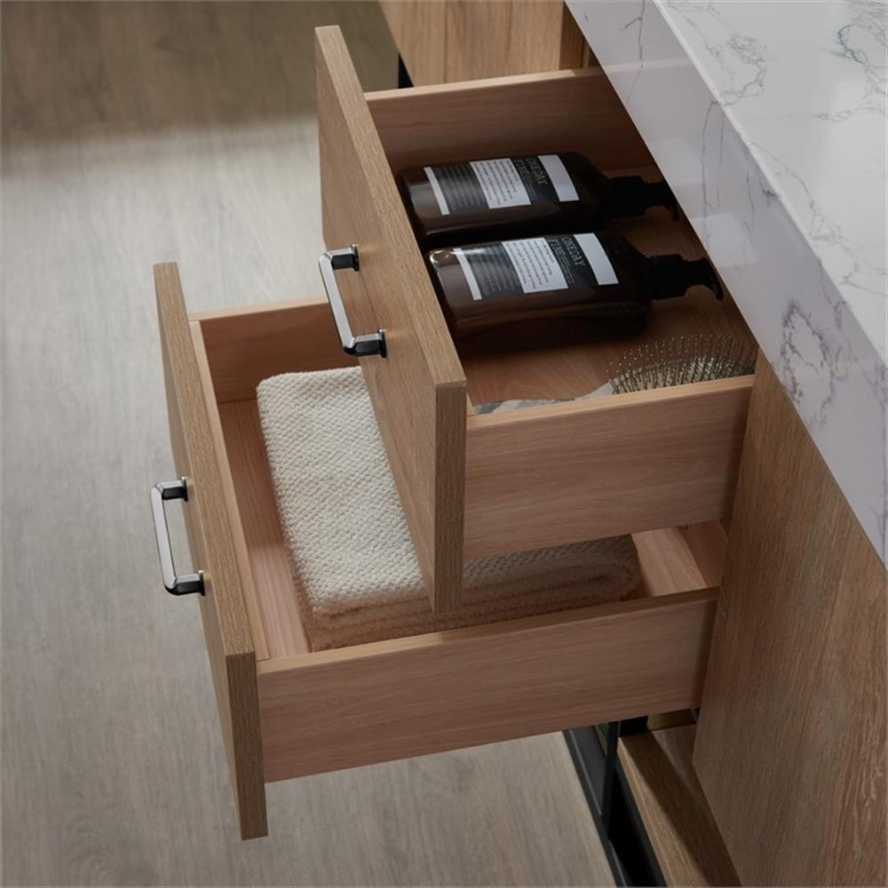 Pemberly Row 72″ White Stone Top Oak Double Vanity Black Frame w/o Mirror