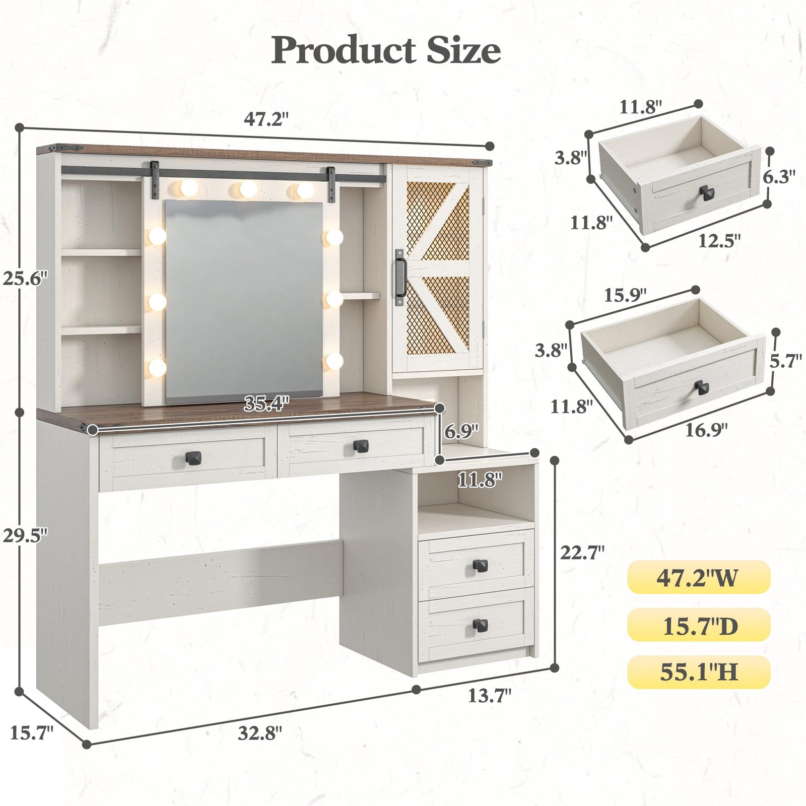 Makeup Vanity Desk Sliding Mirror Lights Antique White 4 Drawers RGB Cabinets