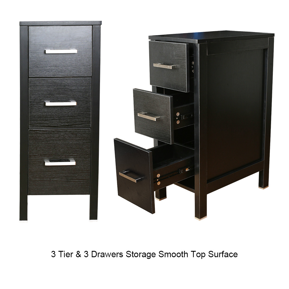 12″ Small Bathroom Vanity Black Beside Cabinet 3 Drawers Shelf MDF Wood